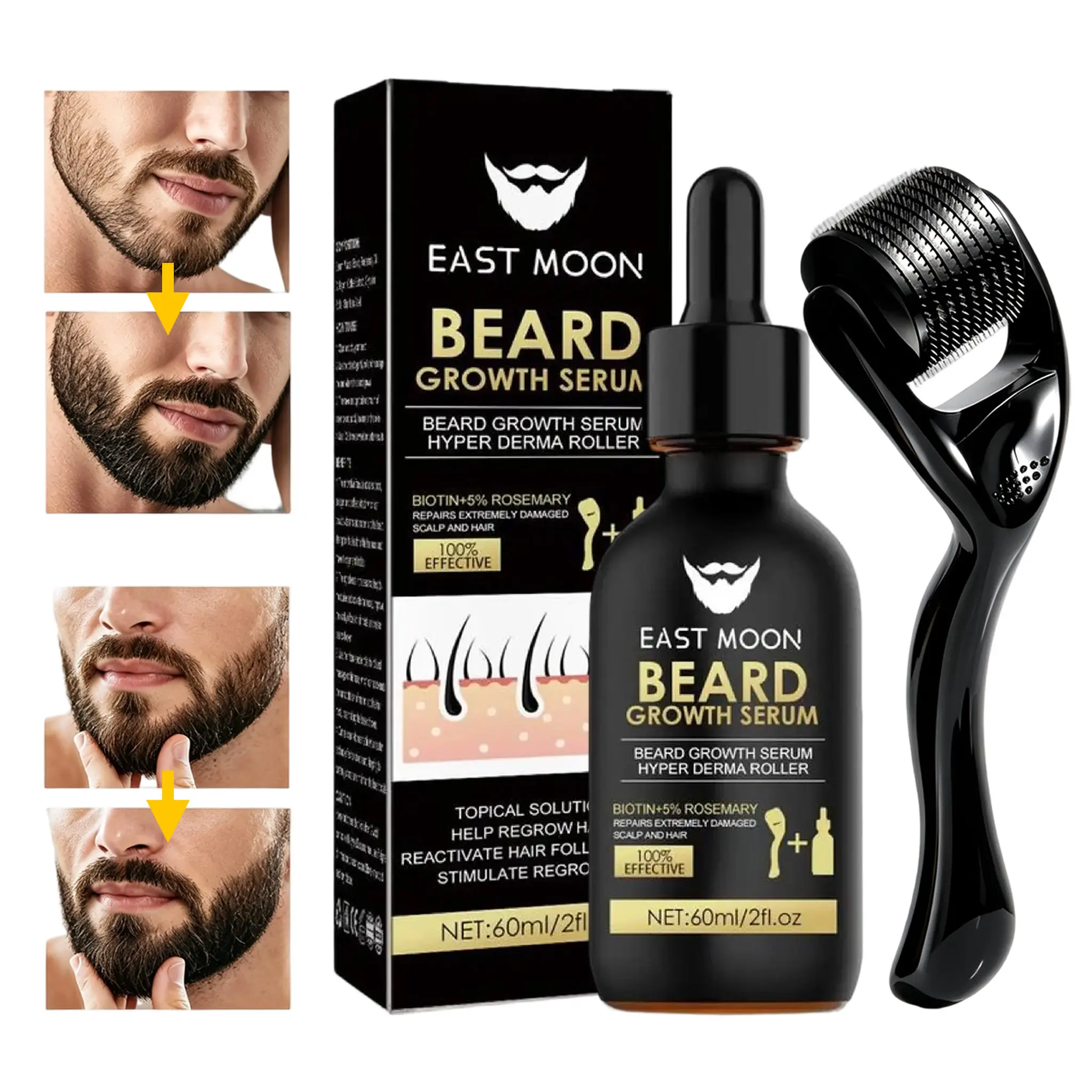 EAST MOON Beard Growth Kit-Beard Care Serum & Beard Massage Derma Roller, Beard Massager for Patchy/Spot Beard, Beard Kit for Men's Grooming, Men's Daily Beard Care Products and Tools, Holiday gifts, Father's Day Gifts