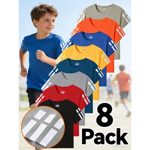 Boys' 8-Piece Sporty Tee Set - Polyester Short Sleeve Moisture Wicking Shirts, Casual Breathable Jersey Tops with Side Stripes, Loose-Fitting Quick-Dry Keeps Cool for Summer Sports
