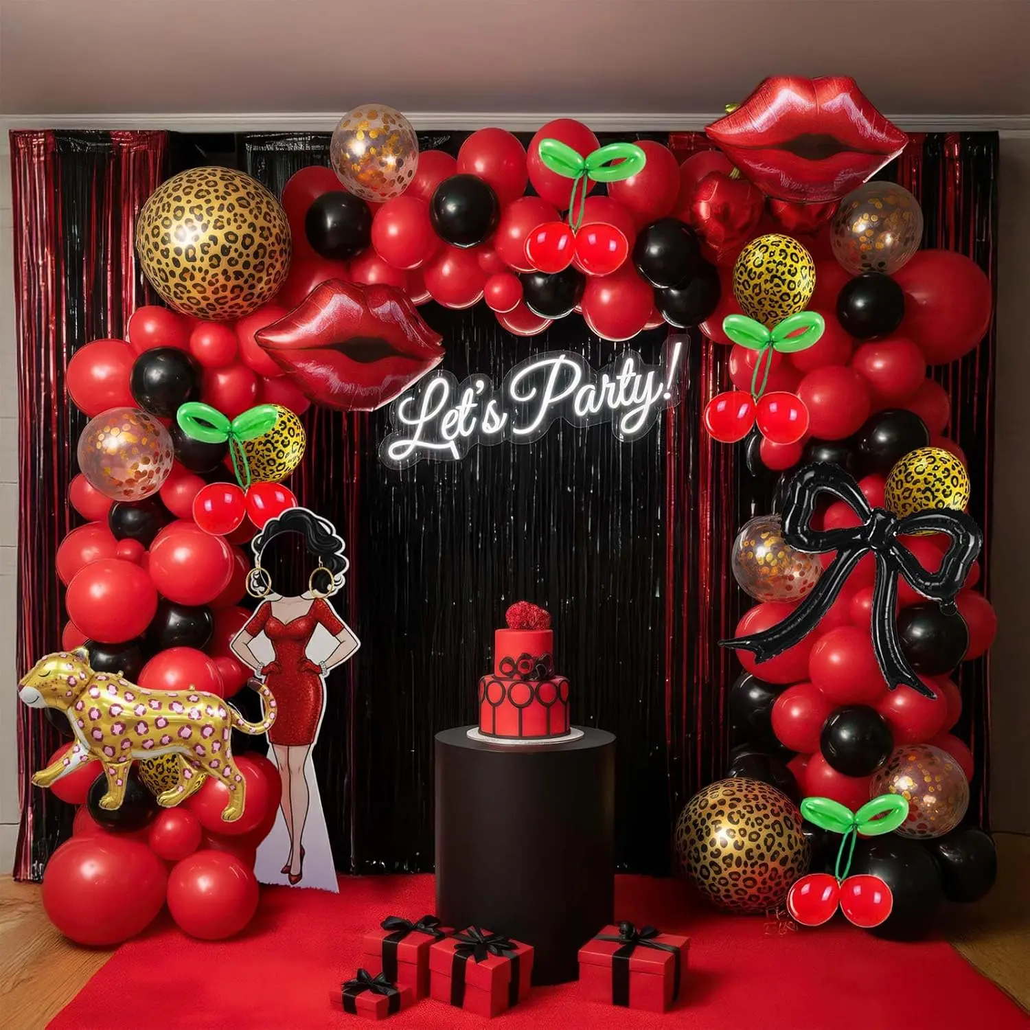 Chic Cherry-Themed Red and Black Balloon Arch Kit, Festive Party Supplies with Foil Cheetah Print, Cherry Lips Accents, Wood Square Backdrop, Elastic Band for Birthday, Housewarming, New Year Decor