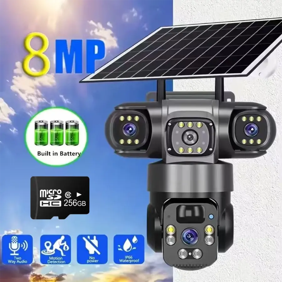 Solar-powered Home Security Camera - Smart Home Gadgets, 8000mAh Battery, Color Night Vision, Triple-lens 360° Panoramic View, PIR Motion Sensor, Loop Recording, 2.4G Wi-Fi App Remote Real-time Viewing, Suitable for Farms | 360° Security Cameras & Systems