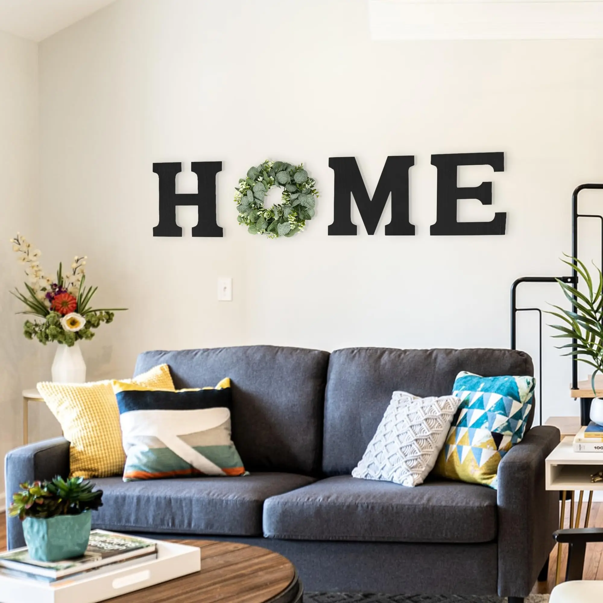 Wood Home Sign with Artificial Eucalyptus Wreath for O, Hanging Farmhouse Wall House Decor Wood Letters for Wall Art Rustic Home Decor, Wall Decor for Living Room Kitchen Entryway