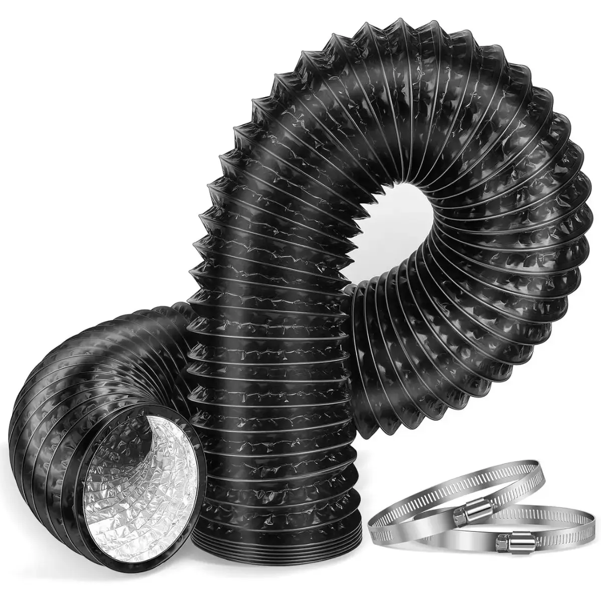 4-Inch 6.55-Feet Long（200cm）Dryer Vent Hose, Thickened aluminium foil flexible aluminium ducting with 2 hose clamps for HVAC, grow tents, kitchen fresh air and exhaust air, bathroom exhaust.