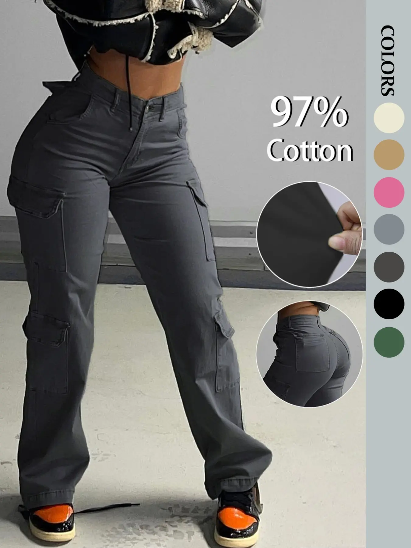Women's Pocket Cover Plain Woven Cargo Pants, Fashion Casual Multi-Color Workwear, Daily Comfortable Street Style Elastic Fitted Long Pants