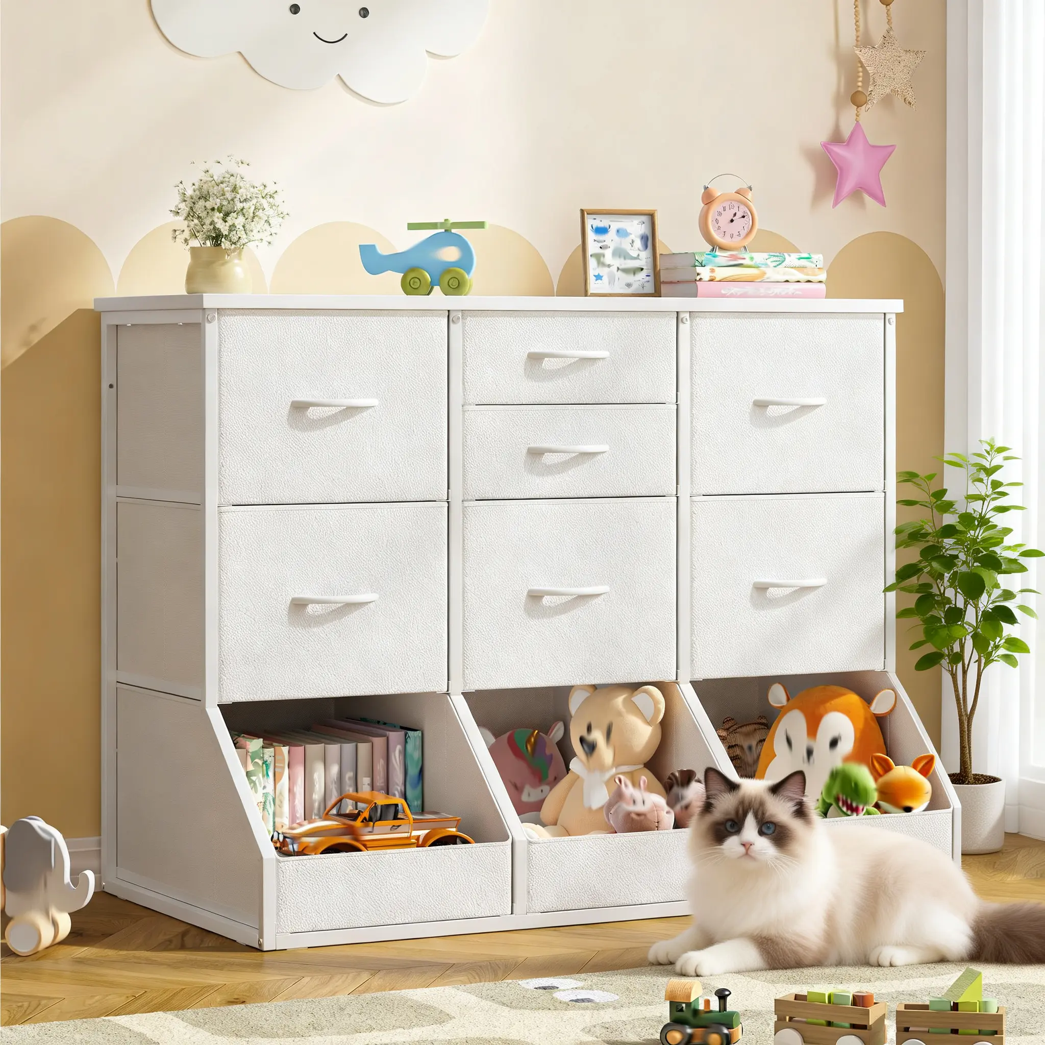 Raybee 39" W Cute Storage Organizer with 7 Closeable Drawers, 3 Drawers with Spacious Opening Design, Tall Bookshelf and Bookcase for Boys and Girls, Modern Chest of Drawers, Space-saving Home Furniture for Playroom, Classroom, Bedroom and Living Room