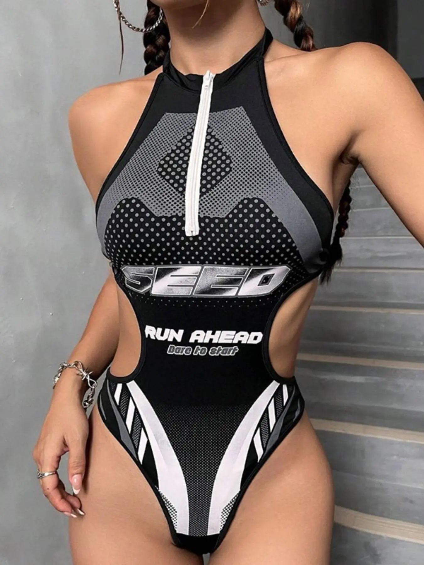 Women's Letter Print Halter Neck Athletic Activewear Bodysuit, Fashion Chic Casual Cut Out Sleeveless Fit Bodysuit for Daily Outdoor Wear, Women Clothing for Spring & Fall