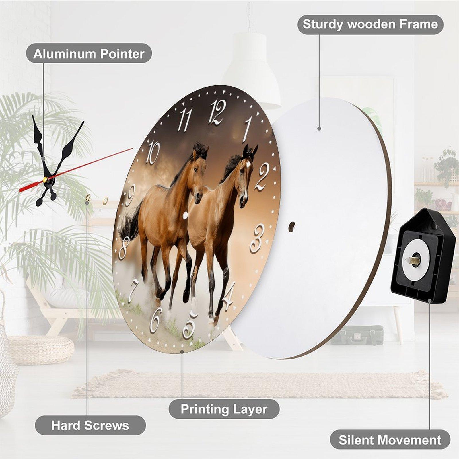 12 Inch Galloping Horses Wooden Wall Clock | Silent Western Ranch Decor, No Battery Included, Perfect for Living Room, Bedroom, Cabin