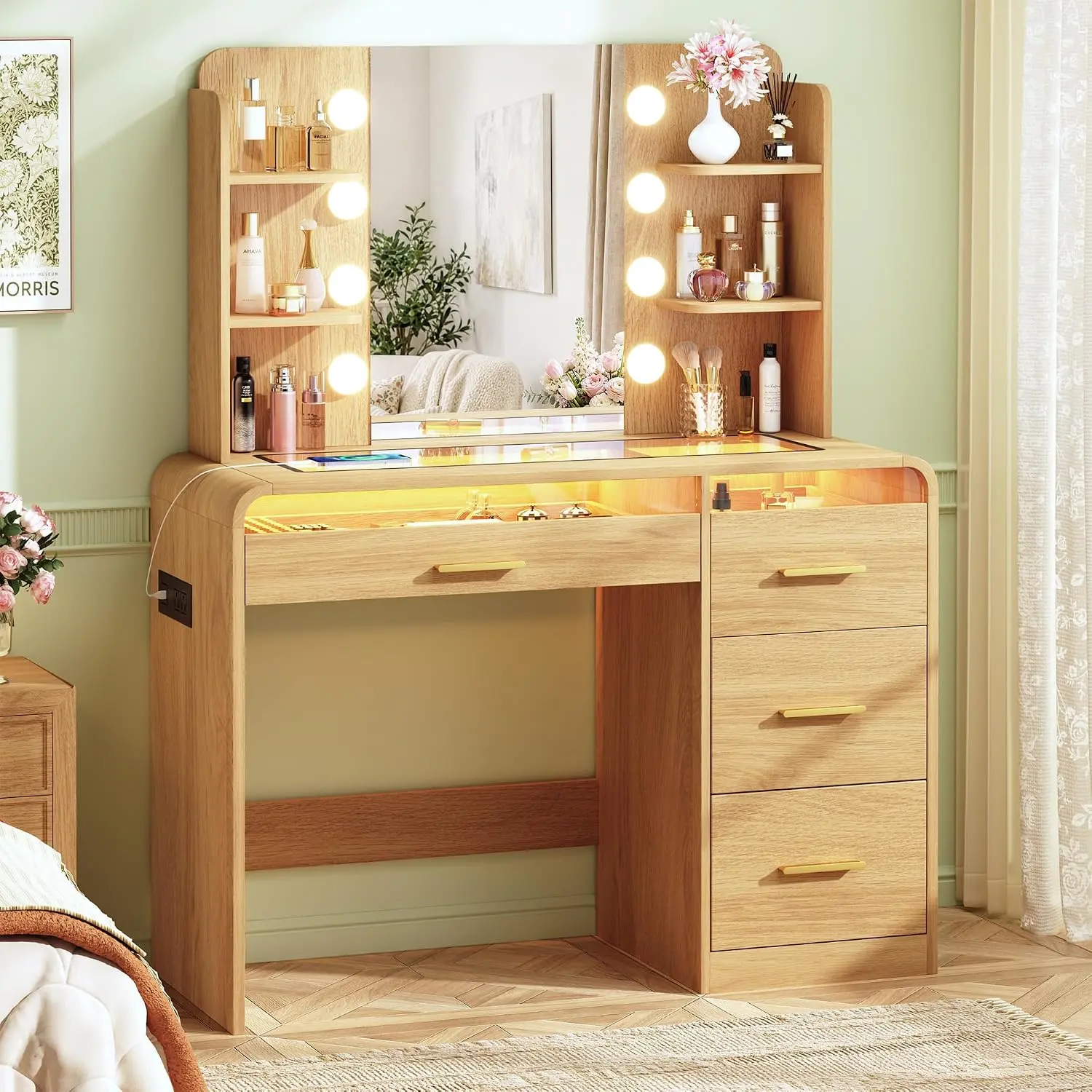 Vanity Desk with Mirror and Lights, Makeup Vanity with 4 Drawers, Transparent Glass Top with RGB Drawers Lighting, Wood Vanity with Charging Station, for Bedroom, Natural Oak