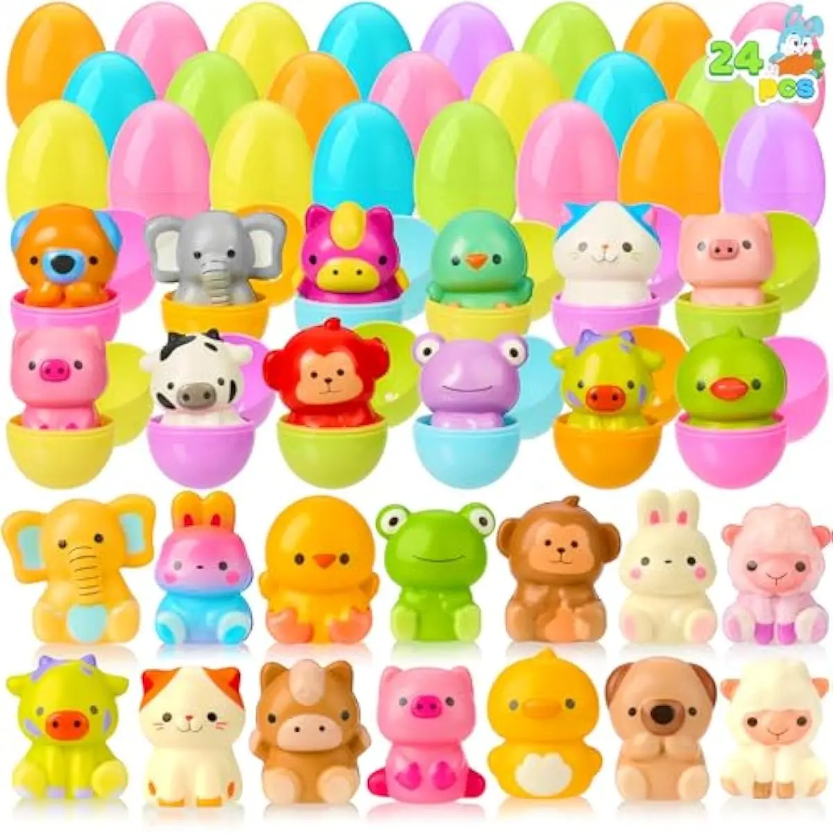 24 Pcs Easter Prefilled Eggs with Animals Squishy Toys, Cute Toys for Easter Egg Hunt, Kids Party Favor, Basket Stuffers, Filling Treats, Goodie Bag Fillers, Classroom Prize Supplies
