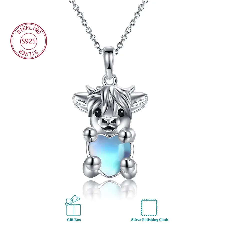 925 Sterling Silver Highland Cow Necklace for Women, Cute Heart Created Blue Opal Pendant, Whimsical Animal Jewelry Birthday Anniversary Gift for Her, Daughter