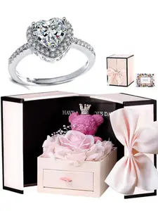 Heart-shaped diamond ring encased in a teddy bear and rose gift box – a romantic new choice for Christmas, a perfect Valentine's Day gift, adjustable ring, Surprise Ring, Courtship Ring, and jewelry gift.
