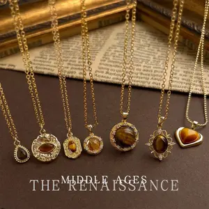 Vintage Style 18K Gold Plated Tiger Eye Stone Zircon Necklace Collection French Retro Palace Style Sweater Chain