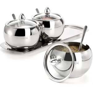 3 Grids 304 Stainless Steel Seasoning Containers Set with Lid Spoon and Tray, Condiment Jar  Container, Condiment Canisters Pots for Serving Sugar, Pepper, Salt,