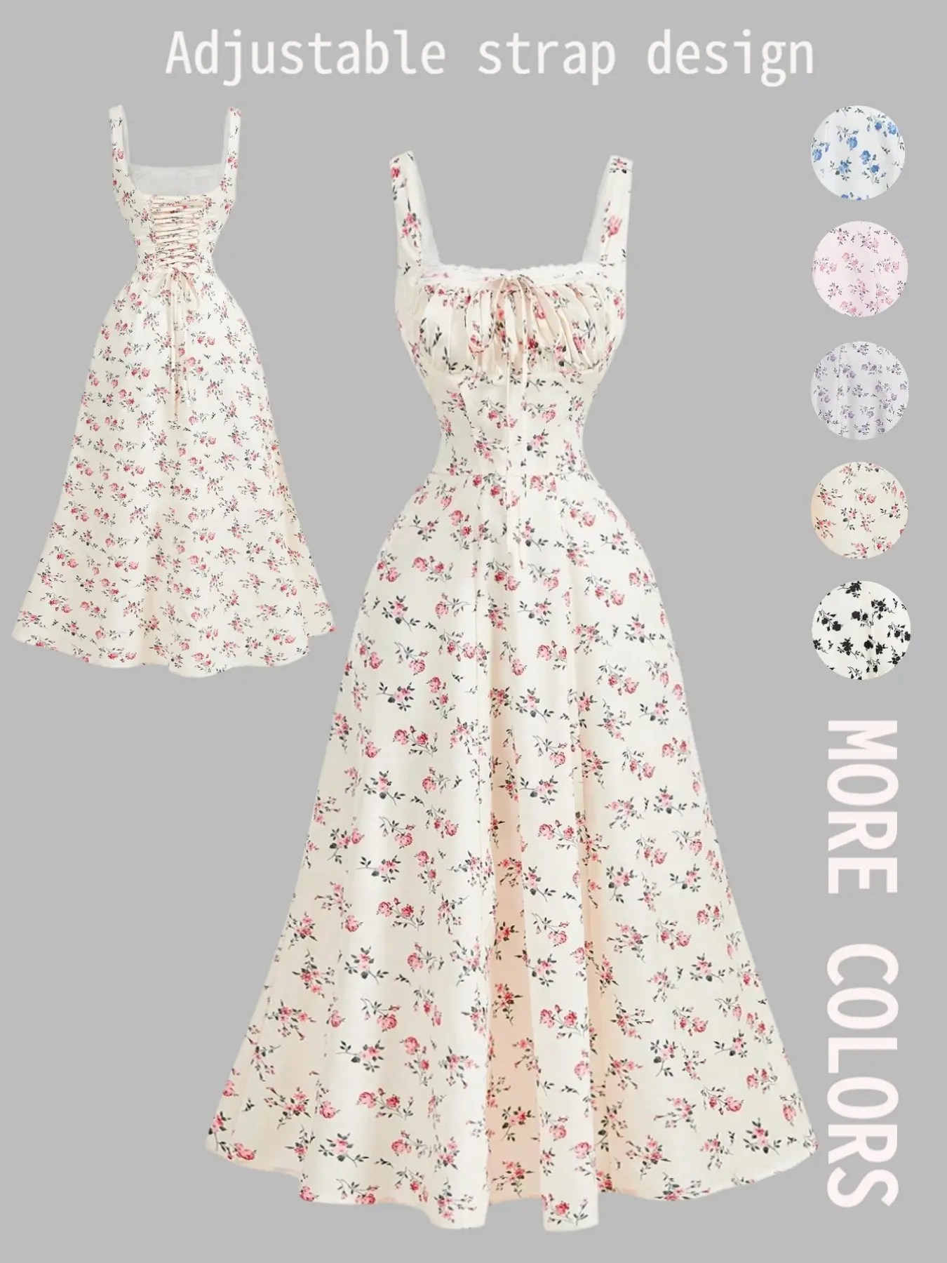 Women's Lace Trim Square Neck Lace Front Back Bow Fitted Ditsy Floral Dress, Party Dress, Brunch Dress, Vacation Dress, Beach Holiday Wear, Boho Dress, Bohemian, Womenswear, Dresses For Party, Floral Design Dress
