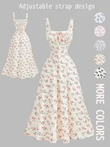 Square Neck Lace Front Ruched Back Bow Ditsy Floral Dress, Lace Trim Dress, Party Dress, Brunch Dress, Vacation Dress, Valentine's Day Dress, Beach Holiday Wear