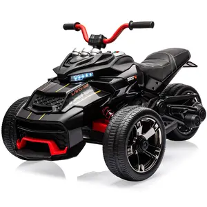 GARVEE 12V 3 Wheeler Ride On ATV Electric Motorcycle with LED Lights, Battery Powered, High & Low Speed, Horn, Music, USB, Treaded Tires, Black Ride On Vehicle Gift