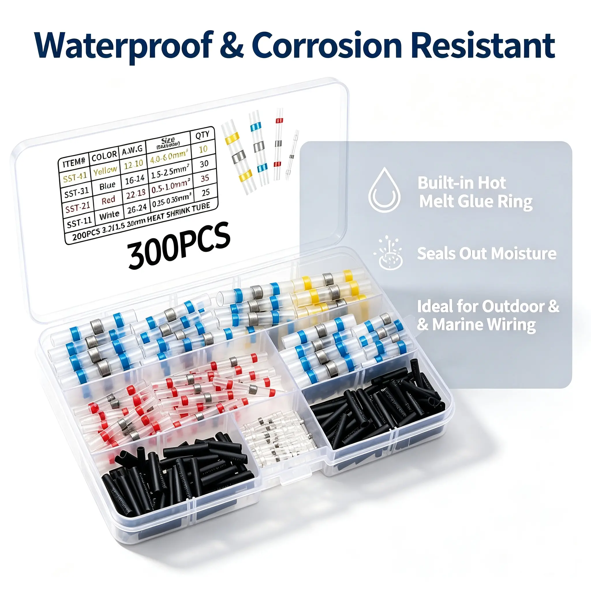 300PCS Solder Seal Heat Shrink Wire Connectors, Waterproof Heat Activated Butt Splice Terminals, Insulated Electrical Cable Joints for Automotive, Motorcycle, Boat