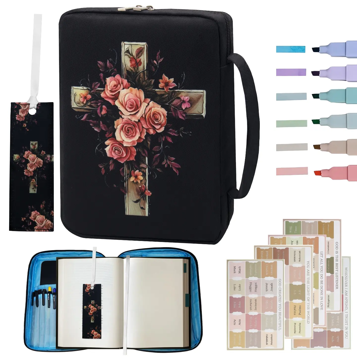 Floral Cross Bible Cover with Handle & Zipper - Christian Book Organizer with Pen Holders, Bookmark & Storage Pocket, Fits Standard Bible