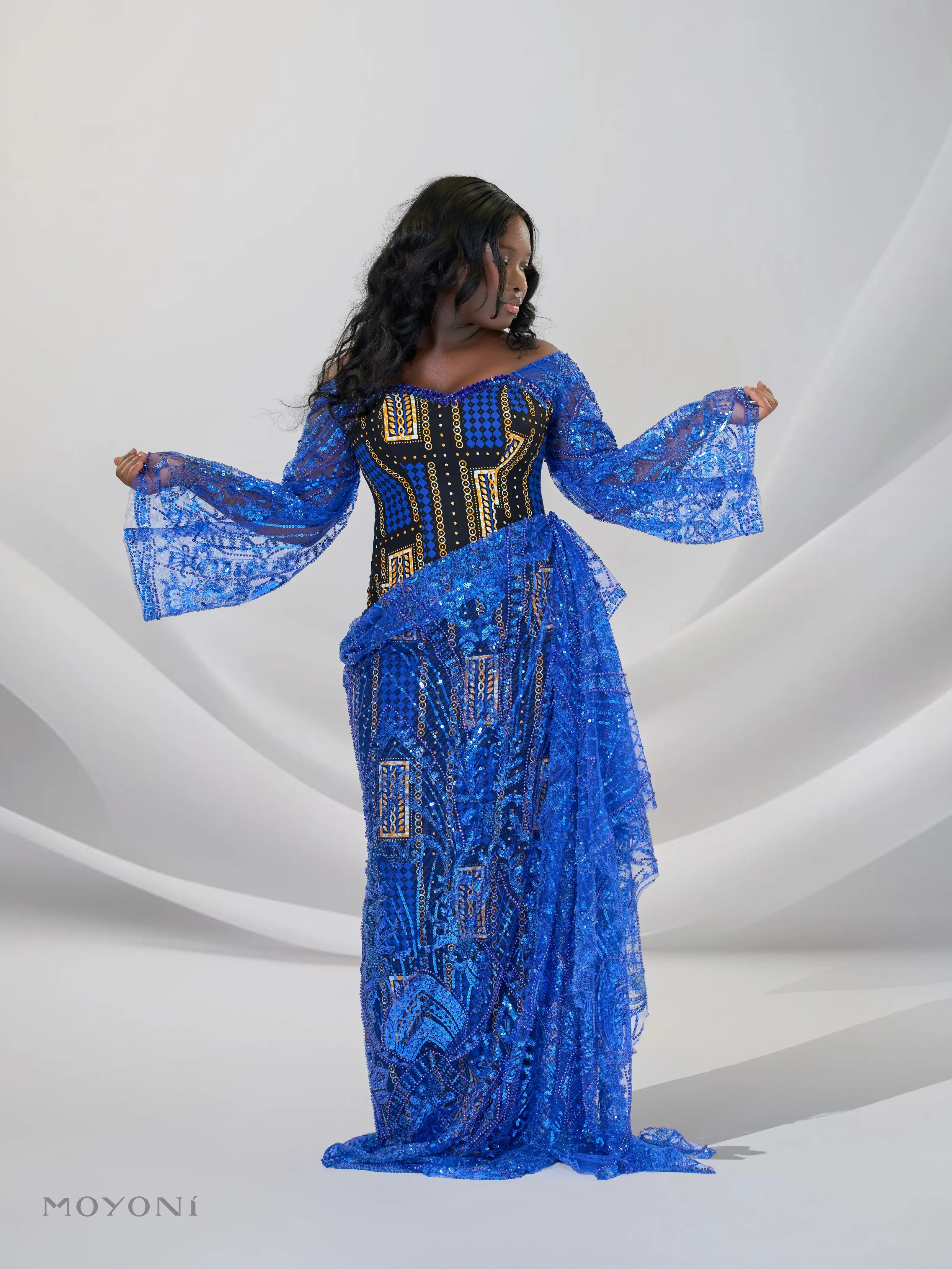 Women's Statement African Print Gown, Embellished Mermaid Corset Formal Wear with Sheer Lace Sleeves & Custom Fit, Evening Dress, Kitenge Blend