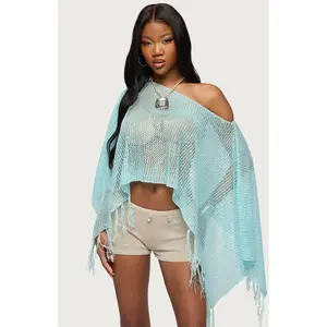 Edikted Women's Sequin Fringe Knit Poncho