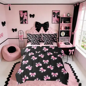 Feelyou 7-Piece Black and Pink Coquette Bedding Set - Bowknot Design Blanket, Sheets, Princess Aesthetic Bed-in-A-Bag for Teen Girls' Bedrooms