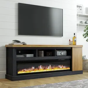 AMERLIFE 75” Fireplace TV stand w 60” Electric Fireplace, Chunky Entertainment Center w Wood Grain, Color Clash Entertainment Stand for TVs up to 85”