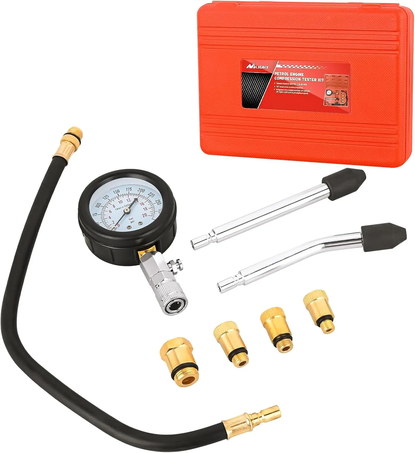 Nilight 8PCS Petrol Gas Engine Cylinder Compression Tester Kit - 0-300 PSI Pressure Gauge Automotive Car Repair Tool, Vehicle Accessories for Cars, Trucks, Motorcycles