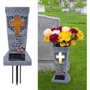 Solar Cemetery Grave Vase with LED for Fresh/Artificial  Headstones Vases with Spikes Gravestone Decor Memorial Gifts for Loss of Loved One