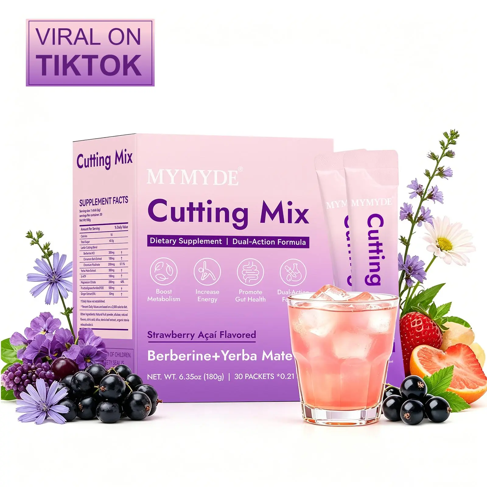MYMYDE Cutting Mix - Berberine + Yerba Mate for Gym Goals, Metabolism & Energy Support, 30 Sticks Drink