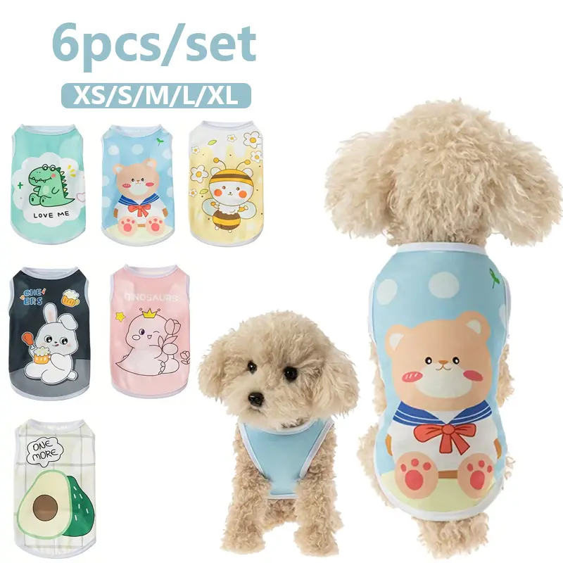 Dog Pullover Shirts for Small Breeds - 6-Pack Cute Cartoon Print, Breathable 100% Polyester Pet Vests, Non-Woven Spring Summer Puppy Clothes with Breathable Material