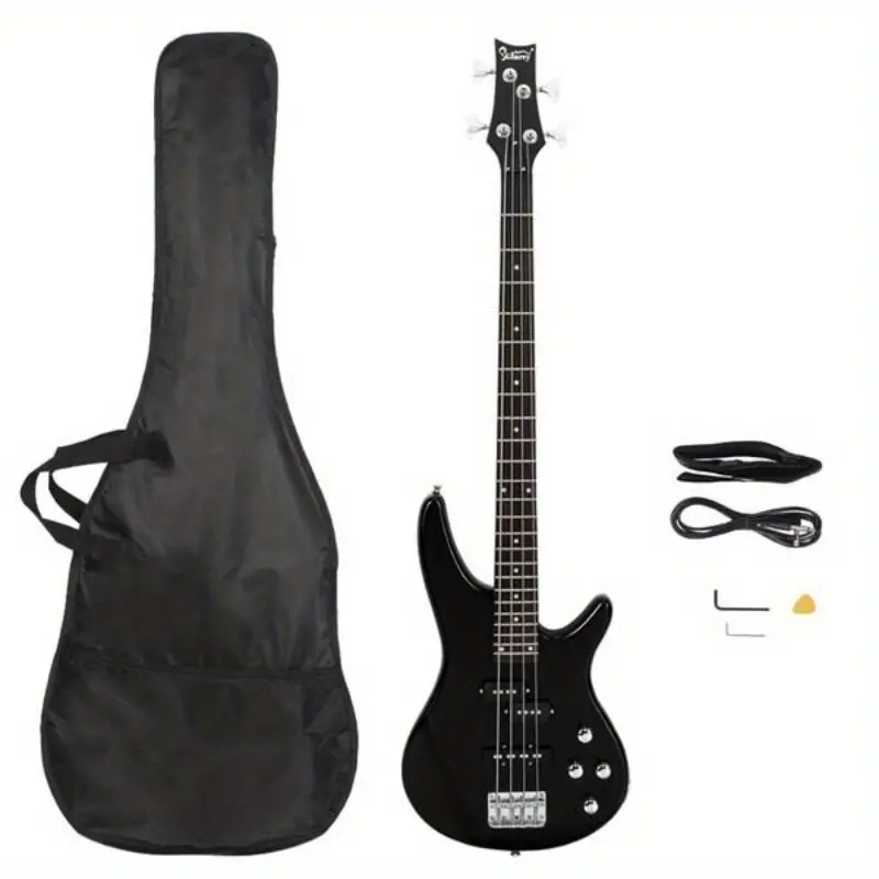 Glarry GIB Full Size 4-String Electric Bass Guitar - Basswood Build, 24 Frets, Adjustable Bridge, Brazilian Rosewood Fingerboard, 1/4 Jack, Black - Includes Gig Bag, Strap, Wrench Tool - Acoustic/Electric Compatible for Beginners