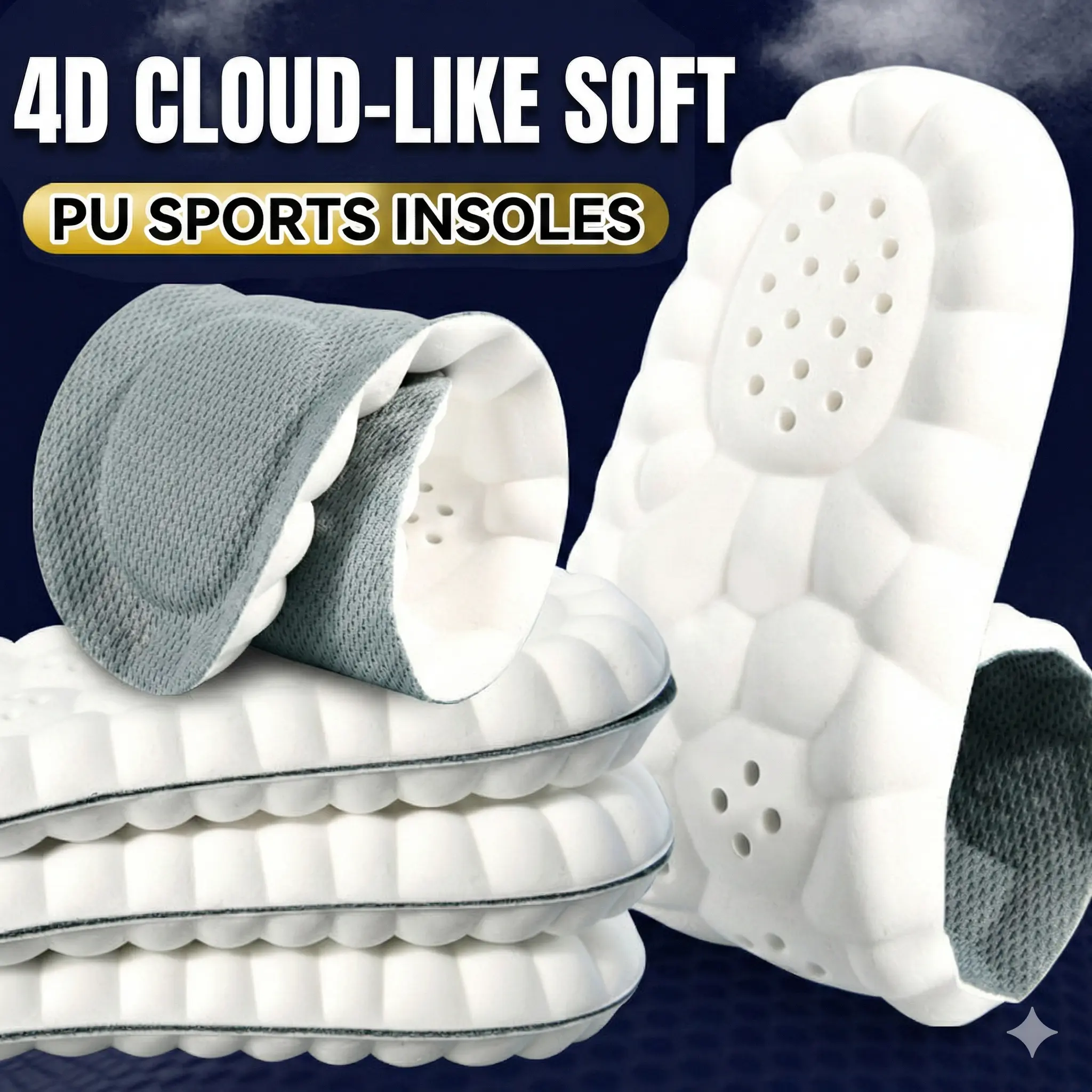 Men’s & Women’s Sport Insoles, PU Foam High-Rebound Shock-Absorbing Cushioned Inserts with Mesh Top, Breathable Massage Insoles for Gym, Active Use, Sneakers & Athletic Shoes