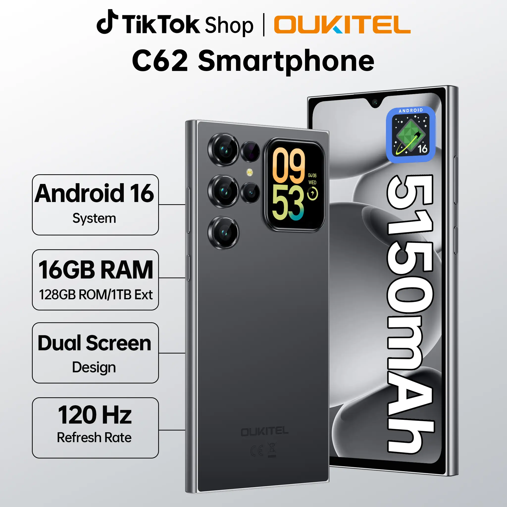 OUKITEL C62 2026 Dual-Screen Unlocked Android 16 Smartphone, 1.81" Smart Rear Display, 16(4+12)GB RAM + 128 GB ROM , Octa-Core Mobile Phone, 6.88" HD + 120Hz, 5150 mAh Battery, 13 MP + 5 MP Camera, 4G Dual SIM/GPS/OTG/Fingerprint Unlock