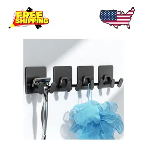 Adhesive Shower Hooks, Wall Mounted Double Hooks, Matt Black, 4-Pack