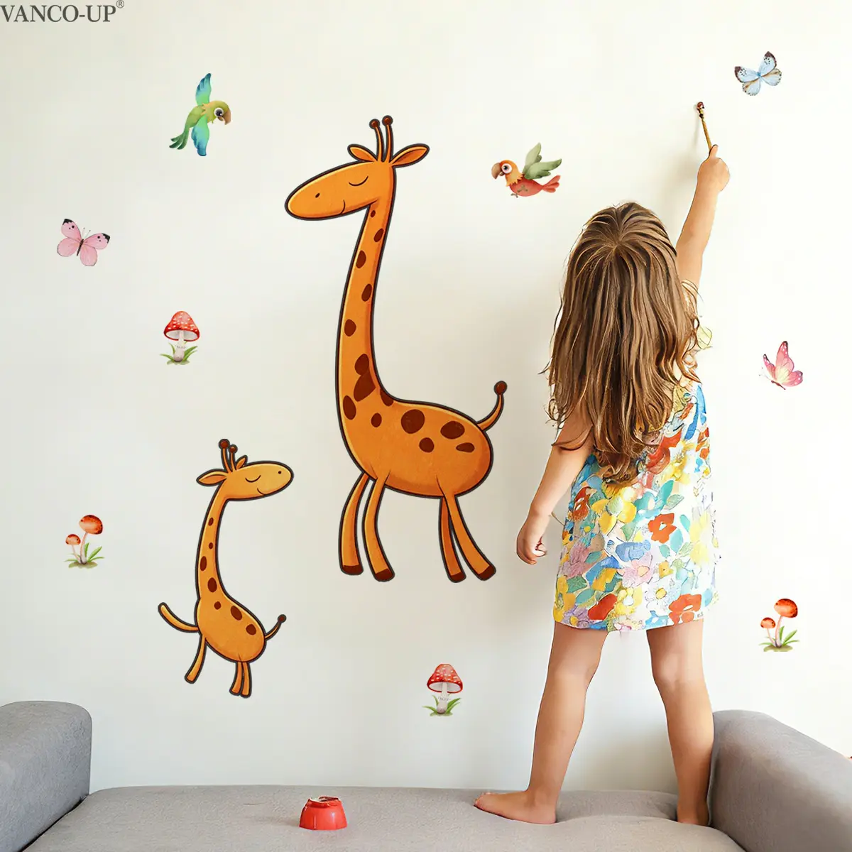 One piece of (30*60cm) cartoon giraffe wall sticker, butterfly and parrot decals, nursery decorative stickers, M21907
