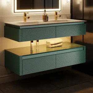 Segeo 48" Modern Solid Oak Floating Bathroom Vanity Cabinet Green with Lights and Artificial Atone Countertop, Dual Basins