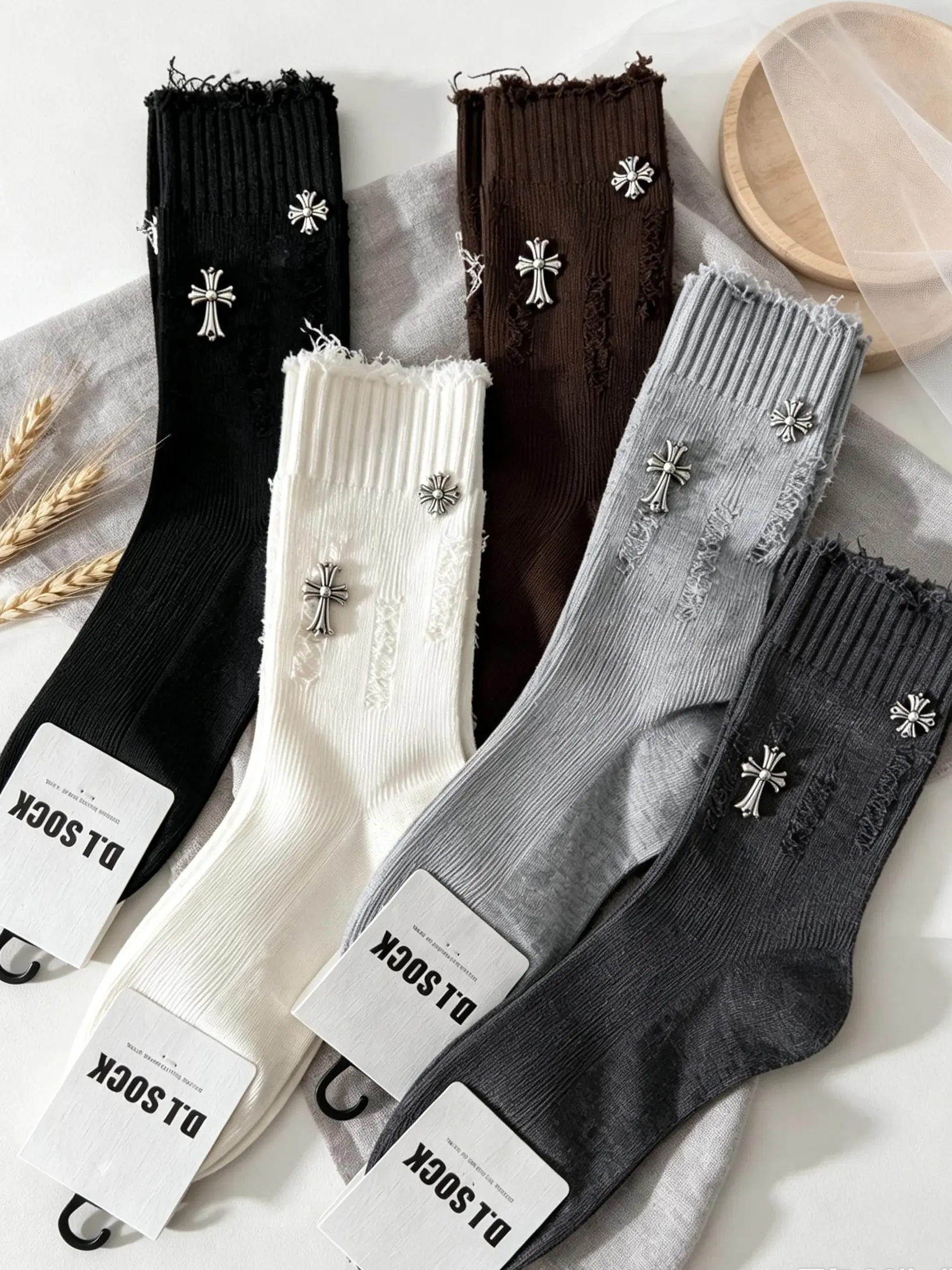 Ripped Fringe Crew Socks with Metal Cross Charms, Distressed Frayed Edge Knit Mid Calf Socks, Gothic Streetwear Fashion Socks for Men