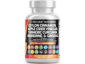 Clean Nutraceuticals Ceylon Cinnamon, Apple Cider Vinegar, Turmeric Curcumin, Berberine & Ginseng Herbal Wellness Blend Capsules for Women and Men – Gluco Defend
