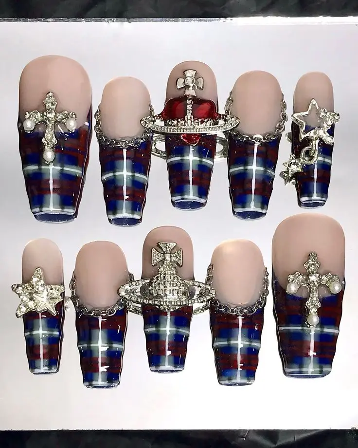 Handmade Vivienne Style Planet Orb Press On Nails  Long Square Luxury Plaid & Chrome Silver Fake Nails