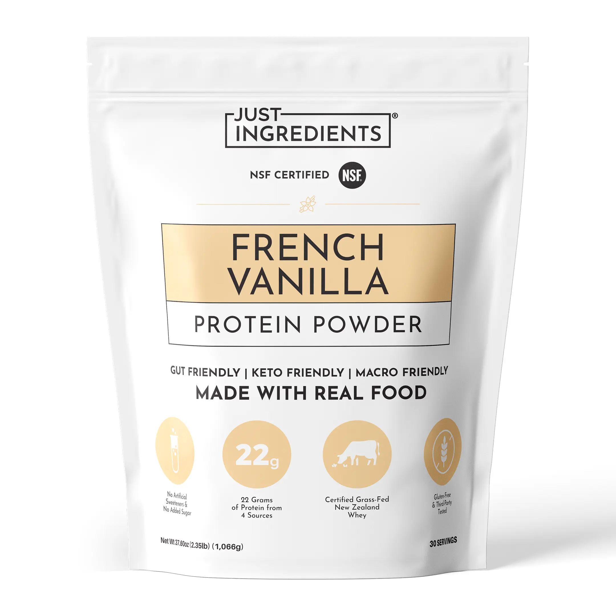 Just Ingredients French Vanilla Protein Powder – 30 Serving Bag – Grass-Fed Whey & Plant Protein Blend with Real Vanilla Bean – Sweetened with Coconut Sugar & Monk Fruit, Non-GMO, Gluten-Free