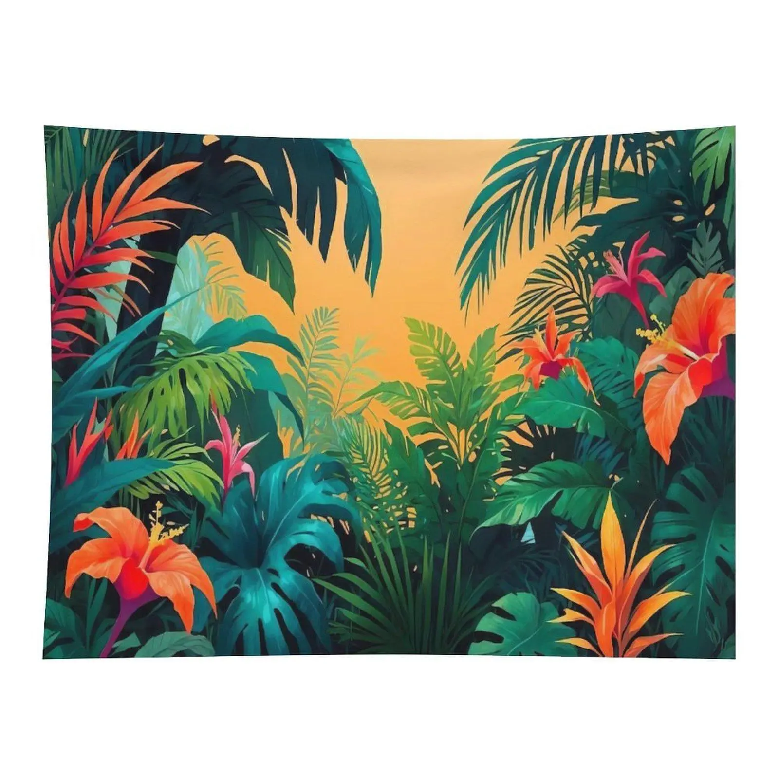 Tropical Jungle Hibiscus Palm Leaves Wall Tapestry Bright Orange Floral Nature Scenery Decor for Bedroom Living Room Aesthetic Home Background Cloth
