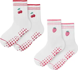 CoolMate Pilates Socks with Grips for Women, Yoga Socks, Crew Non Slip Women for Barre, Pilates Gifts (US, Numeric, 6, 10, Regular, Regular, E-10. 2 Pairs Cherry/Strawberry)