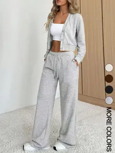 Women's Long Sleeve Knit Jacket & Pants Matching Set, Casual Fitted Fashion for Fall Winter, Comfortable Daily Wear, Versatile Style, Womenswear, Lady