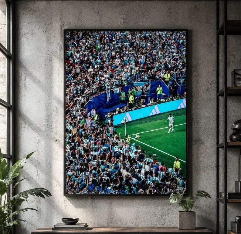 Messi Iconic Corner Poster, Argentina Soccer Poster, Football Stadium Crowd Wall Art, Fan Print, Blue and White Sports Decor ( Unframed - Print Only )