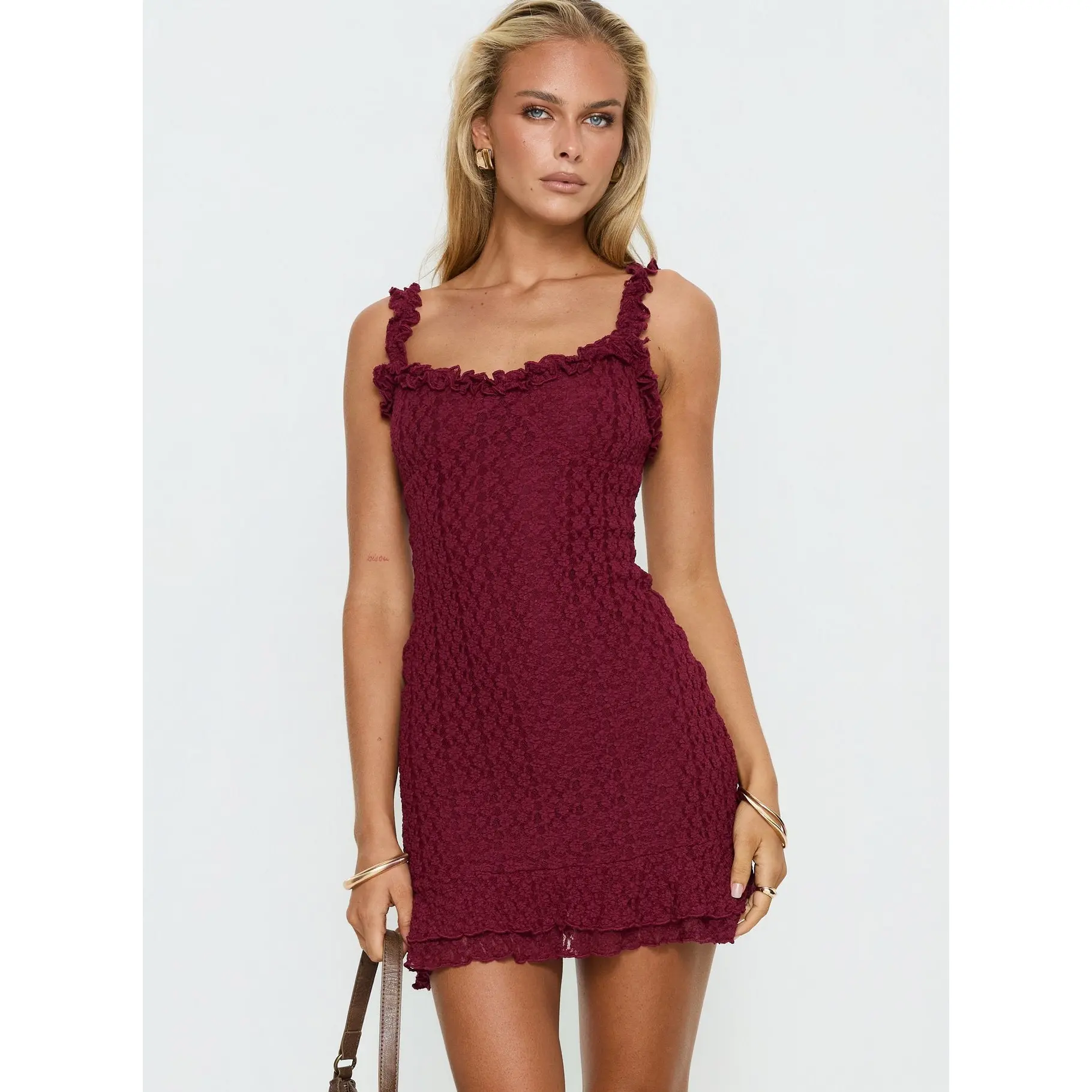 Steffi Frill Lace Mini Dress Burgundy