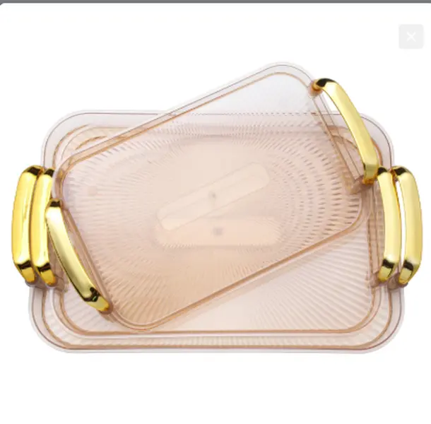 3 Pack Serving Tray with Handles, Stackable Reusable Trays for Serving Food, Plastic Serving Platters for Party, Charcuterie, Fruit, Appetizer, Amber Gold