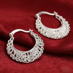 Silver Plated Hollow Moon Geometric Hoop Earrings for Women Personality Carved Earrings Bridal Wedding Party Jewelry Fashion And Simple Style Jewelry - Gift For Women trendy jewelry