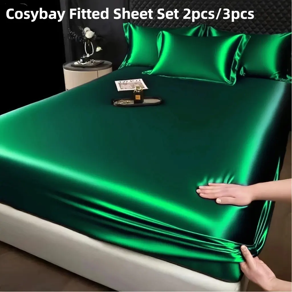 Cosybay 2pcs/3pcs Fitted Set with Pillowcase & Pillow Top Pad Cover - Soft Breathable Satin Bed Linens, 6-16'' Deep Pocket, Cooling Silky Feel, Pressure Relief, Summer Bedroom Decor (No Top/Flat Sheet), Soft Breathable Sheet, Satin Bed Sheets