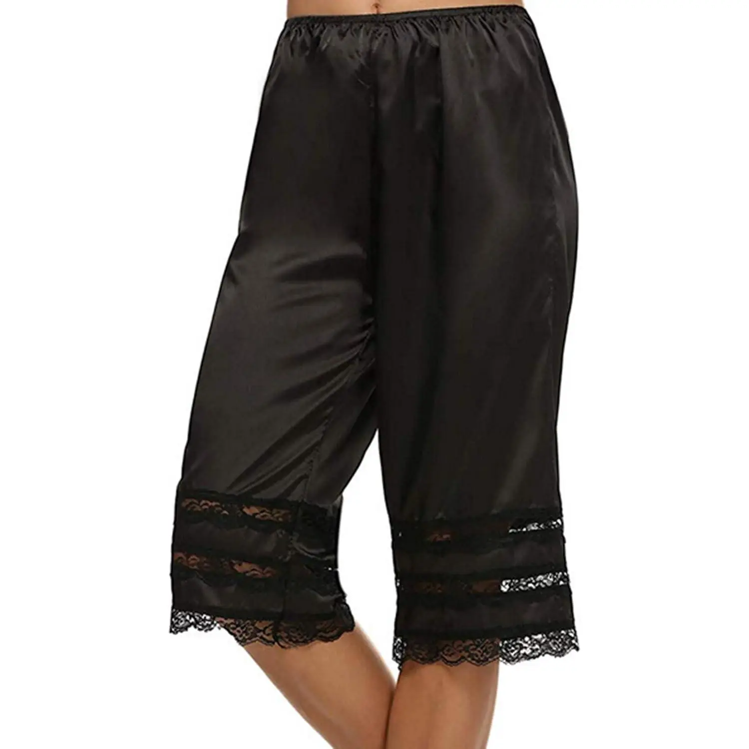 Women's Loose Modest Mid Waist Satin Culotte Lingerie - Lace Trim, Slip-On Wear, Snip-It Pettipants, Bottom Split Skirt Bloomers Pant Slip, 1-Piece Basic, One-Piece