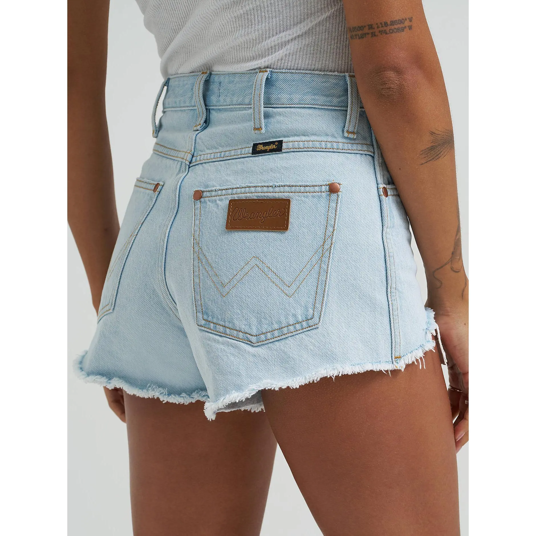 Wrangler Cowboy Cutoff Distressed Bleach Shorts, Fit, Lady, Jorts For Women, Bottoms, Jean Shorts, Western Clothes, Slim Fit, High Rise, Raw Hem, Bleached Wash, Cotton, Denim, Cut Off Shorts