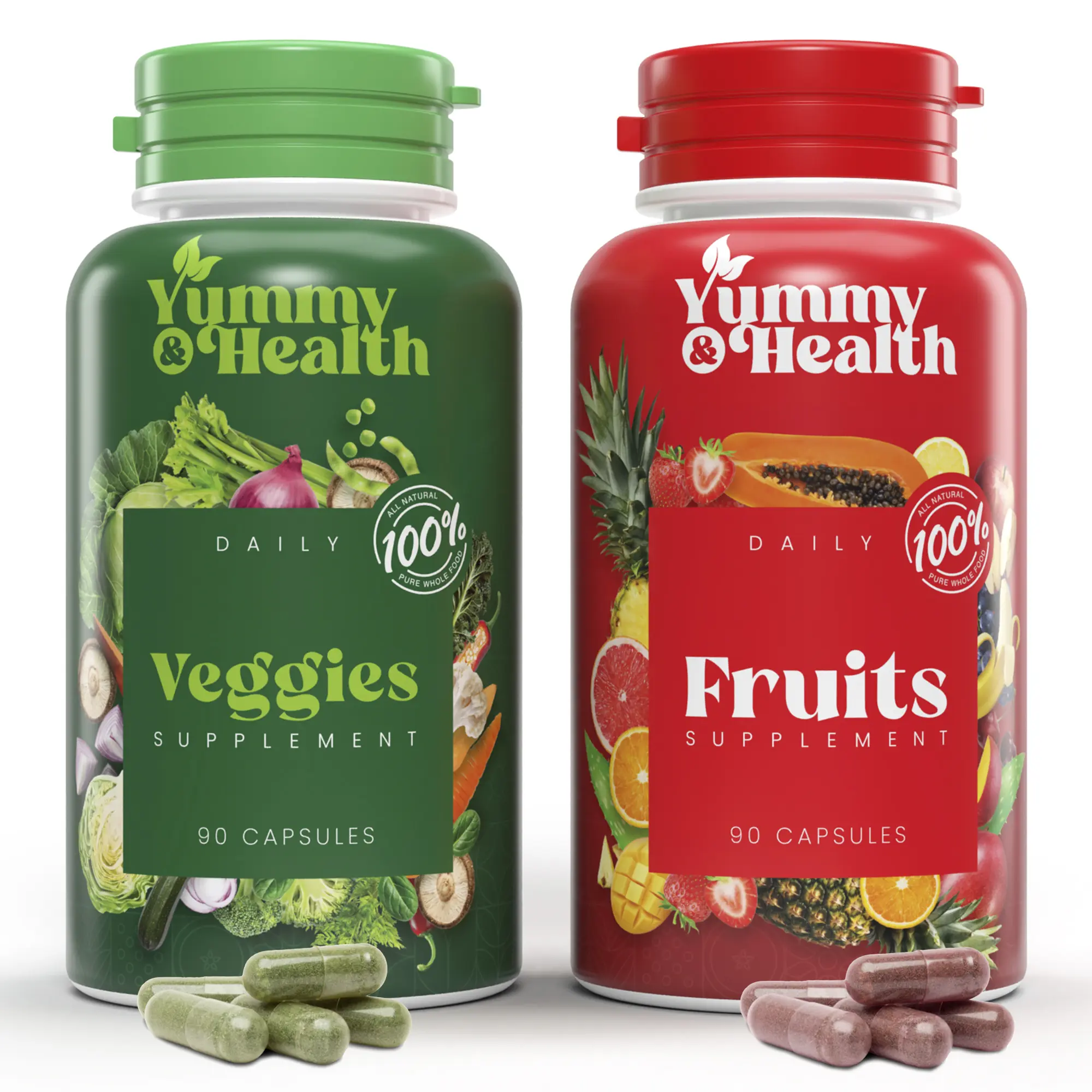 Yummy & Health Fruit & Veggie Vitamin Dietary Supplement - Natural Healthy Ingredients, Organic Focus Supplement, Superfood Blend, Energy-Boosting, 90 Fruit & 90 Veggie Capsules with Essential Minerals